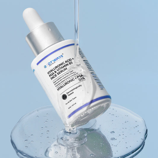 Qtways Hyaluronic Acid, Polyglutamic Acid and Vitamin B5 Face Serum bottle surrounded by hydrating serum gel, showcasing intense moisture retention, skin barrier support, plumping hydration and radiant skin benefits for all skin types.