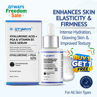 Qtways Hyaluronic Acid + PGA + Vitamin B5 Face Serum with 2% Hyaluronic Complex, formulated for deep hydration, improved skin elasticity, enhanced firmness, smoother skin texture and a healthy radiant complexion for all skin types.