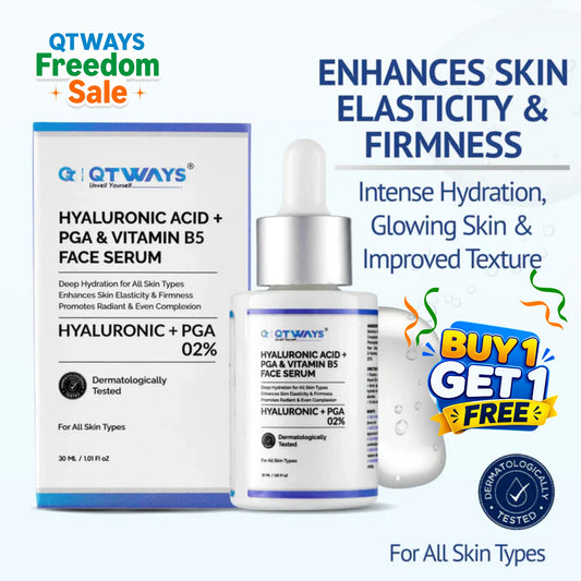Qtways Hyaluronic Acid + PGA + Vitamin B5 Face Serum with 2% Hyaluronic Complex, formulated for deep hydration, improved skin elasticity, enhanced firmness, smoother skin texture and a healthy radiant complexion for all skin types.