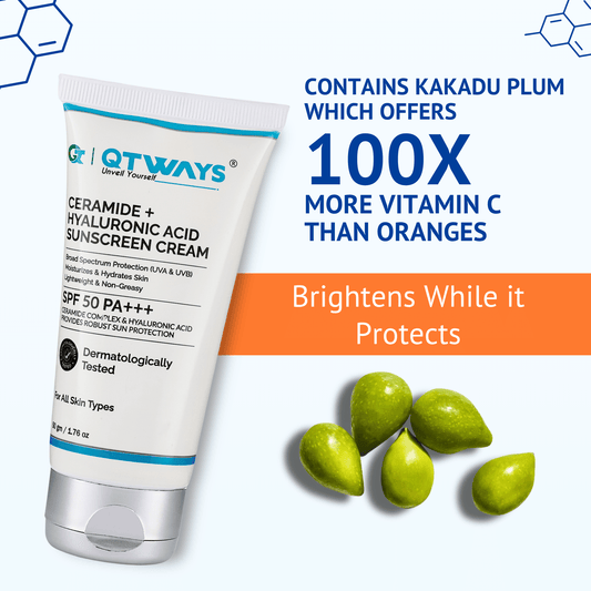 QTWAYS Ceramide and Hyaluronic Acid Sunscreen Cream SPF 50 PA++++ with Kakadu Plum and Vitamin C for skin brightening hydration and broad spectrum UV protection