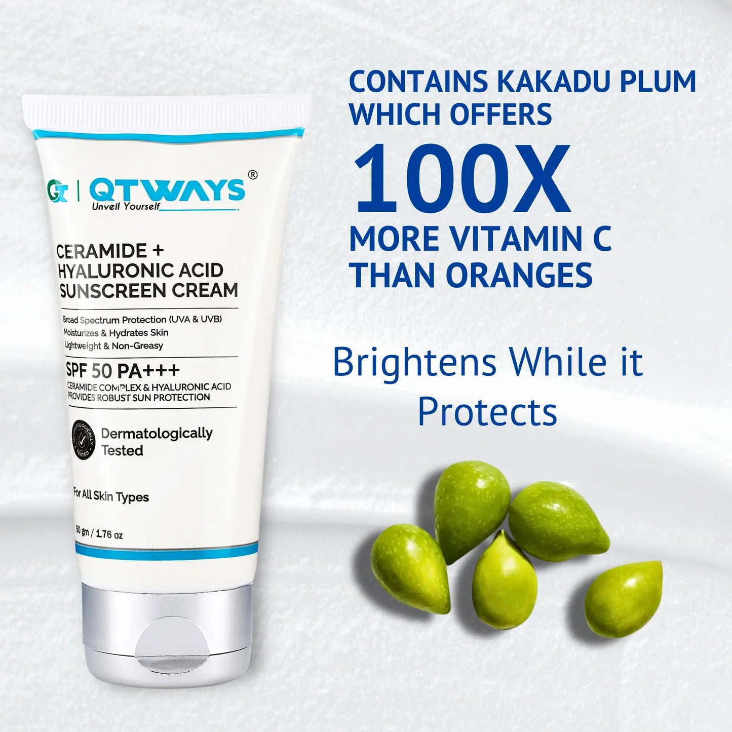 "QTWAYS Ceramide + Hyaluronic Acid Sunscreen SPF 50 PA++++ featuring Kakadu Plum with Vitamin C to help brighten skin while providing broad-spectrum UV protection and hydration."