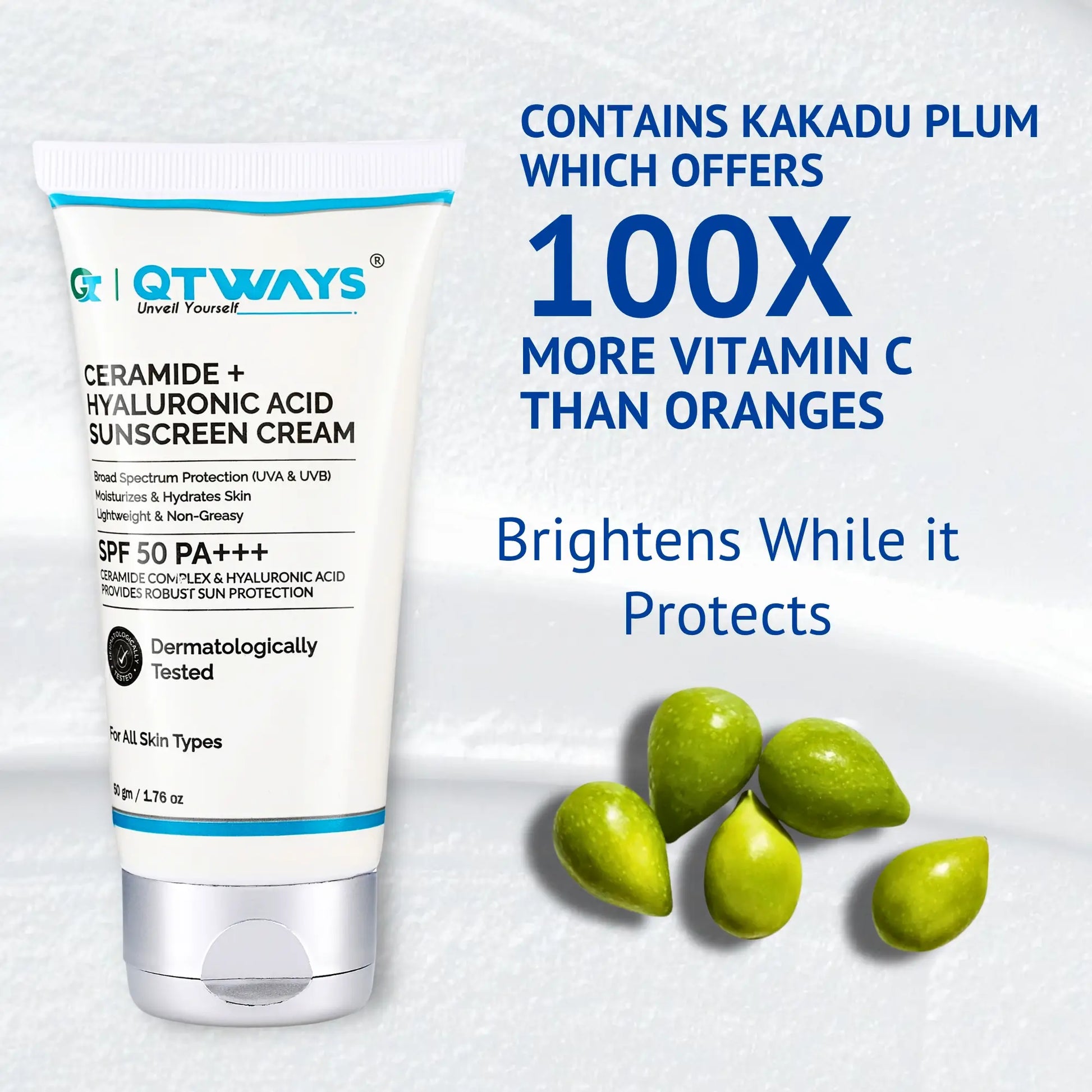 "QTWAYS Ceramide + Hyaluronic Acid Sunscreen SPF 50 PA++++ featuring Kakadu Plum with Vitamin C to help brighten skin while providing broad-spectrum UV protection and hydration."