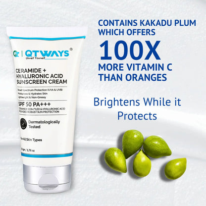 "QTWAYS Ceramide + Hyaluronic Acid Sunscreen SPF 50 PA++++ featuring Kakadu Plum with Vitamin C to help brighten skin while providing broad-spectrum UV protection and hydration."