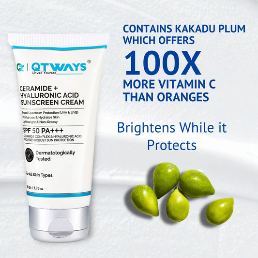 "QTWAYS Ceramide + Hyaluronic Acid Sunscreen SPF 50 PA+++ featuring Kakadu Plum with Vitamin C to help brighten skin while providing broad-spectrum UV protection and hydration."