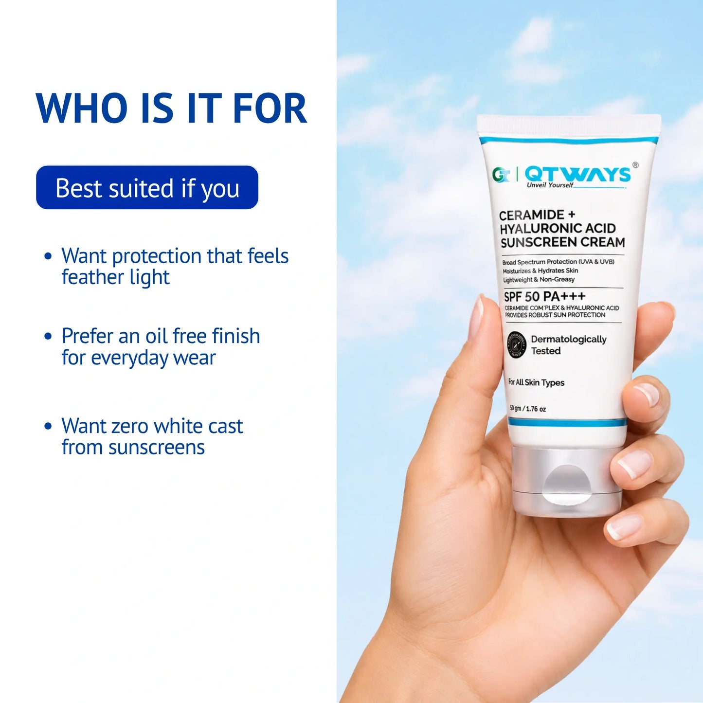 Hand holding QTWAYS Ceramide + Hyaluronic Acid Sunscreen SPF 50 PA++++ highlighting lightweight, oil-free formula with no white cast for comfortable everyday sun protection.