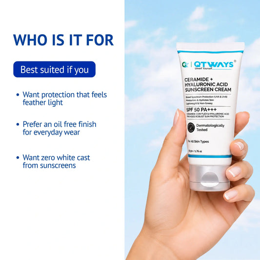 Hand holding QTWAYS Ceramide + Hyaluronic Acid Sunscreen SPF 50 PA+++ highlighting lightweight, oil-free formula with no white cast for comfortable everyday sun protection.