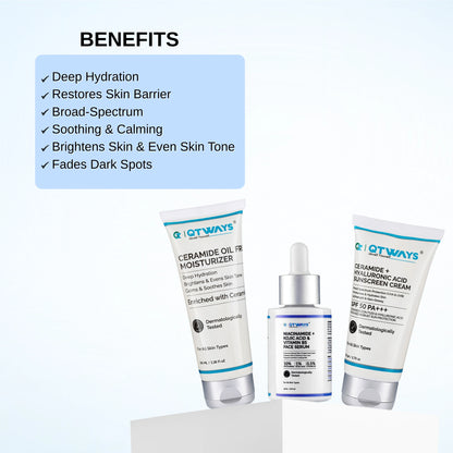 Benefits of the Qtways Morning Skincare Routine Kit with Niacinamide Serum, Ceramide Moisturizer, and SPF 50 Sunscreen for deep hydration, skin barrier repair, dark spot reduction, brighter skin tone, and broad-spectrum UV protection.