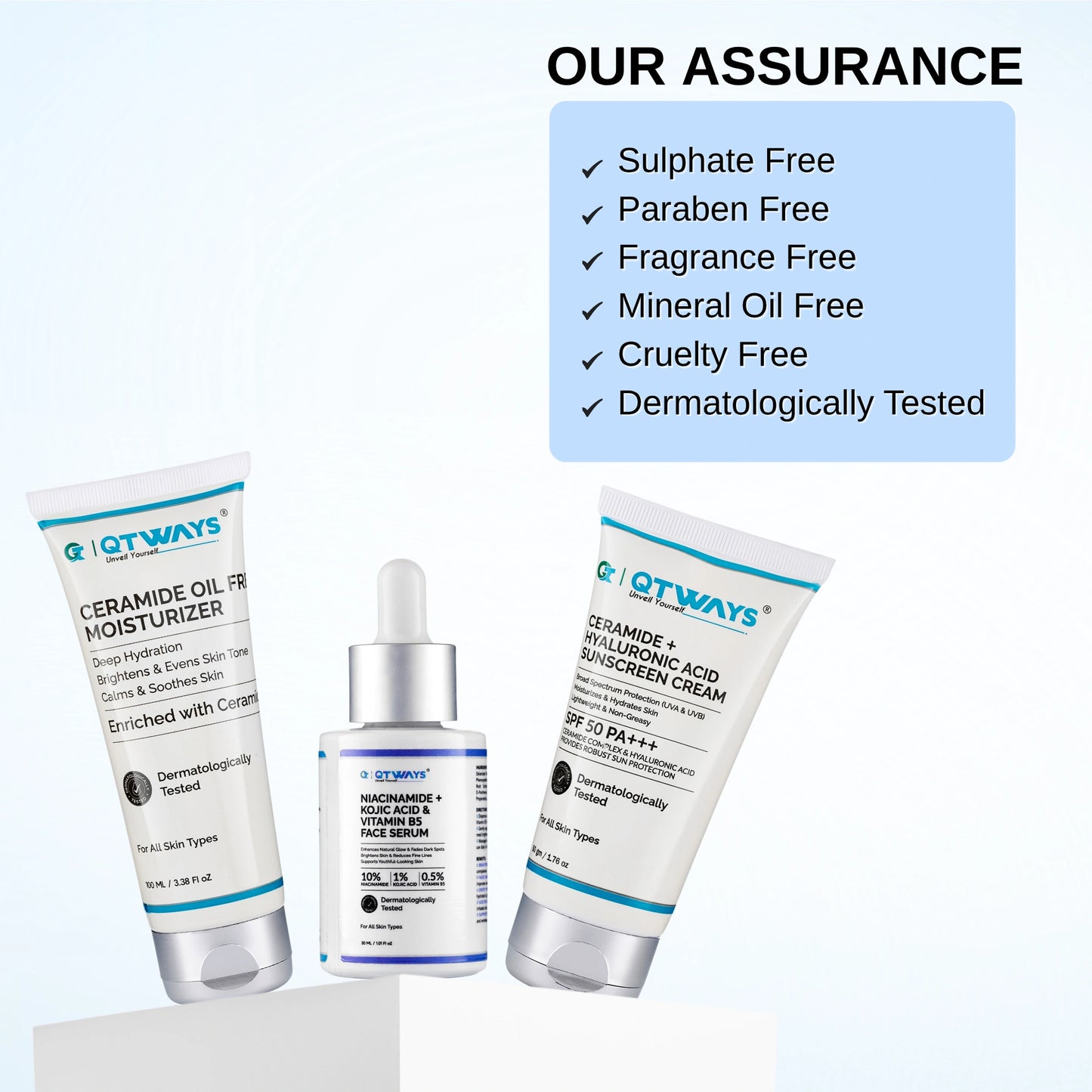 Qtways Morning Skincare Routine Kit with Niacinamide Serum, Ceramide Moisturizer, and SPF 50 Sunscreen that is sulphate-free, paraben-free, fragrance-free, cruelty-free, and dermatologically tested for healthy glowing skin.