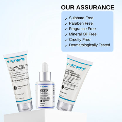 Qtways Morning Skincare Routine Kit with Niacinamide Serum, Ceramide Moisturizer, and SPF 50 Sunscreen that is sulphate-free, paraben-free, fragrance-free, cruelty-free, and dermatologically tested for healthy glowing skin.
