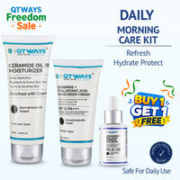 Qtways Morning Skincare Routine Kit with Niacinamide Serum, Ceramide Oil-Free Moisturizer, and SPF 50 Ceramide Hyaluronic Acid Sunscreen for dark spots, hyperpigmentation, uneven skin tone, skin barrier repair, and daily sun protection.