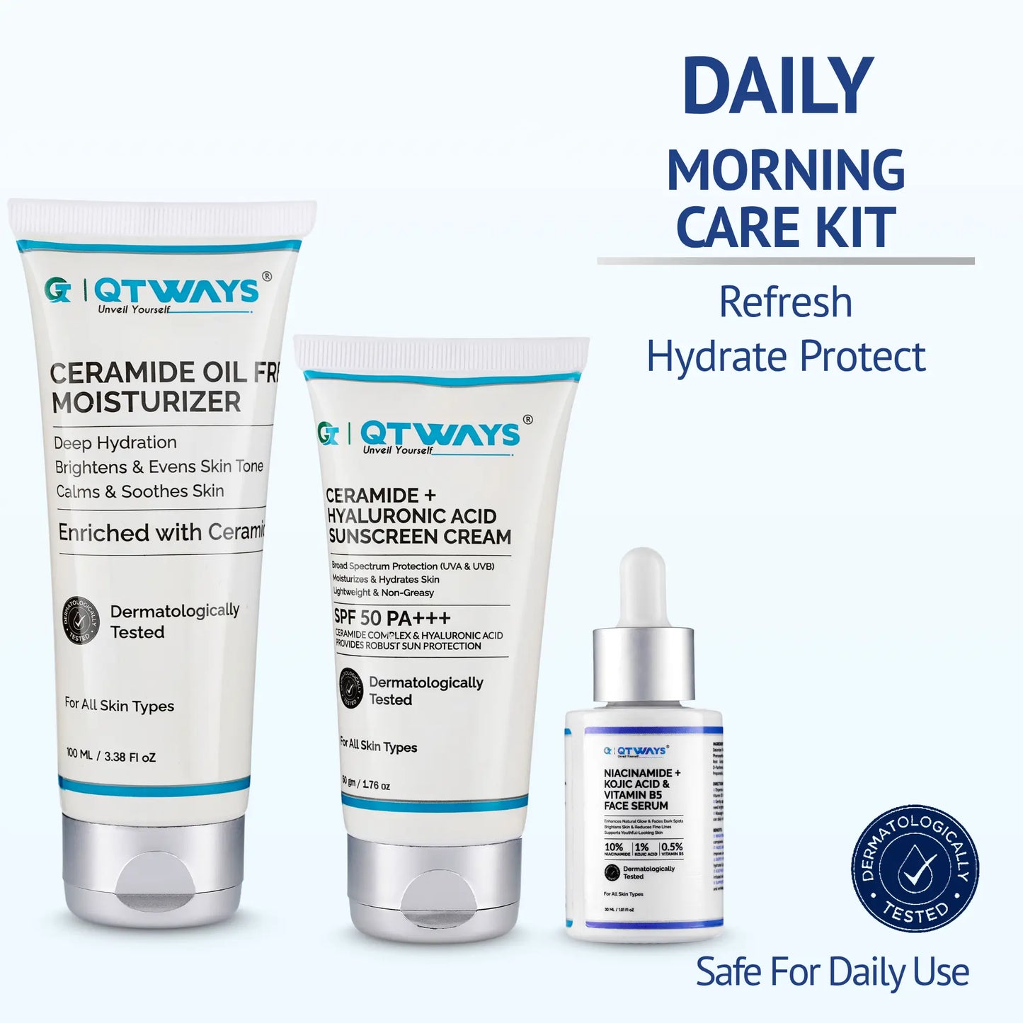 Qtways Morning Skincare Routine Kit with Niacinamide Serum, Ceramide Oil-Free Moisturizer, and SPF 50 Ceramide Hyaluronic Acid Sunscreen for dark spots, hyperpigmentation, uneven skin tone, skin barrier repair, and daily sun protection.