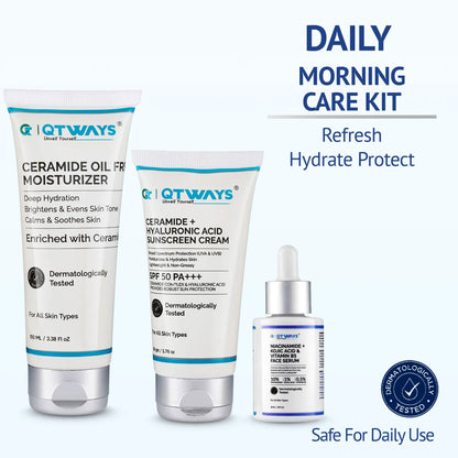 Qtways Morning Skincare Routine Kit with Niacinamide Serum, Ceramide Oil-Free Moisturizer, and SPF 50 Ceramide Hyaluronic Acid Sunscreen for dark spots, hyperpigmentation, uneven skin tone, skin barrier repair, and daily sun protection.