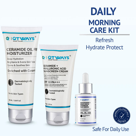 Qtways Morning Skincare Routine Kit with Niacinamide Serum, Ceramide Oil-Free Moisturizer, and SPF 50 Ceramide Hyaluronic Acid Sunscreen for dark spots, hyperpigmentation, uneven skin tone, skin barrier repair, and daily sun protection.