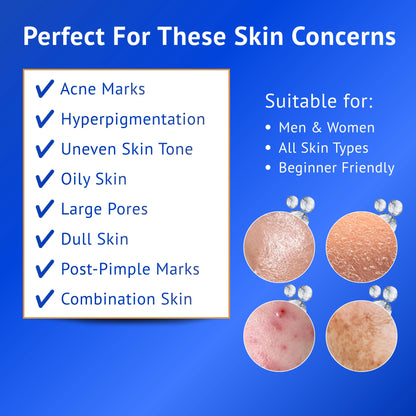 Infographic showing skin concerns targeted by QTWAYS 10% Niacinamide + 1% Kojic Acid + Vitamin B5 Face Serum, including acne marks, hyperpigmentation, uneven skin tone, oily skin, large pores, dull skin and post-pimple marks. Suitable for men and women and all skin types.
