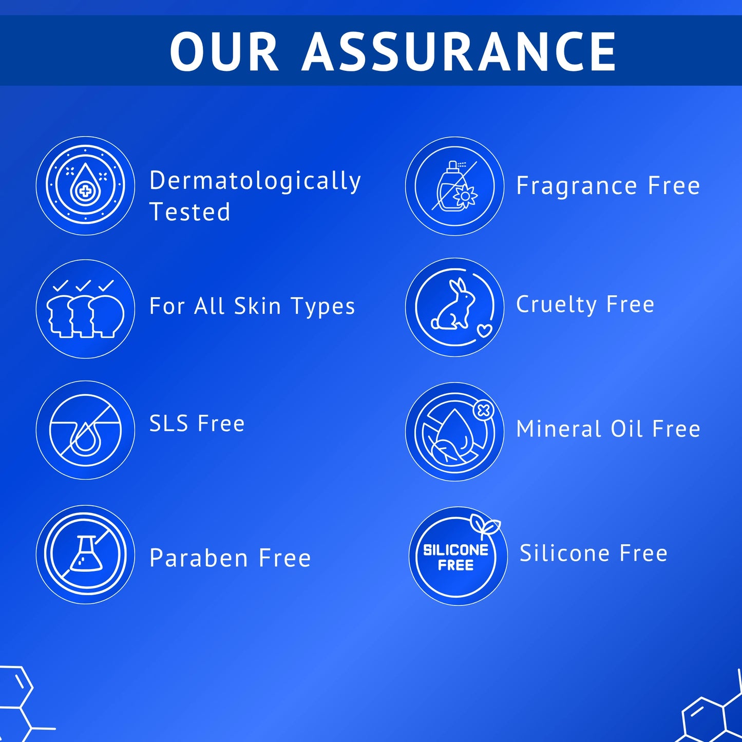 Quality assurance infographic for Qtways 10% Niacinamide, 1% Kojic Acid and Vitamin B5 Face Serum highlighting dermatologist tested formula, suitable for all skin types, fragrance free, cruelty free, SLS free, mineral oil free, paraben free and silicone free.