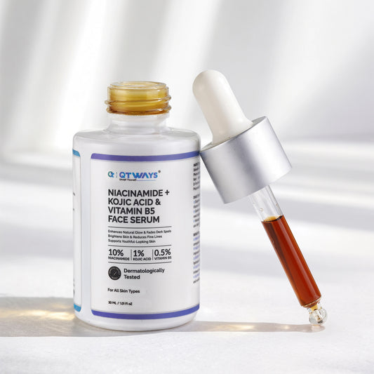 Close-up of Qtways 10% Niacinamide, 1% Kojic Acid and 0.5% Vitamin B5 Face Serum bottle with amber-colored serum in a glass dropper, designed to help fade dark spots, acne marks and uneven skin tone.