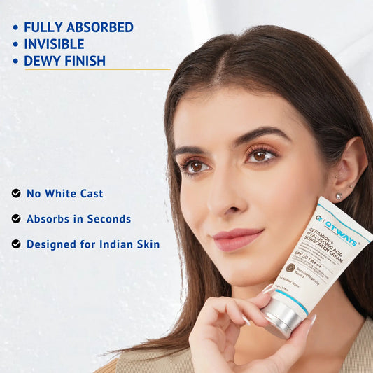 Model holding QTWAYS Ceramide + Hyaluronic Acid Sunscreen SPF 50 PA+++ highlighting no white cast, fast absorption, dewy finish, and lightweight formula designed for Indian skin.