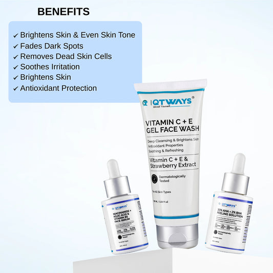 Benefits of the Qtways Oily Skin Kit with Vitamin C Face Wash, Niacinamide Serum, and AHA BHA Peeling Solution for excess oil control, dark spot reduction, brighter skin tone, gentle exfoliation, and improved skin clarity.