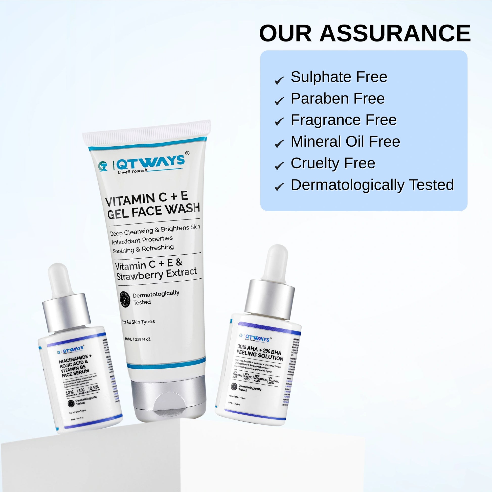Qtways Oily Skin Kit with Vitamin C Face Wash, Niacinamide Serum, and AHA BHA Peeling Solution that is sulphate-free, paraben-free, fragrance-free, cruelty-free, and dermatologically tested for clearer, healthier-looking skin.