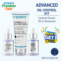 Qtways Oily Skin Kit with Niacinamide Serum, AHA BHA Peeling Solution, and Vitamin C Face Wash to control excess oil, reduce breakouts, minimize pores, and improve skin texture and clarity.