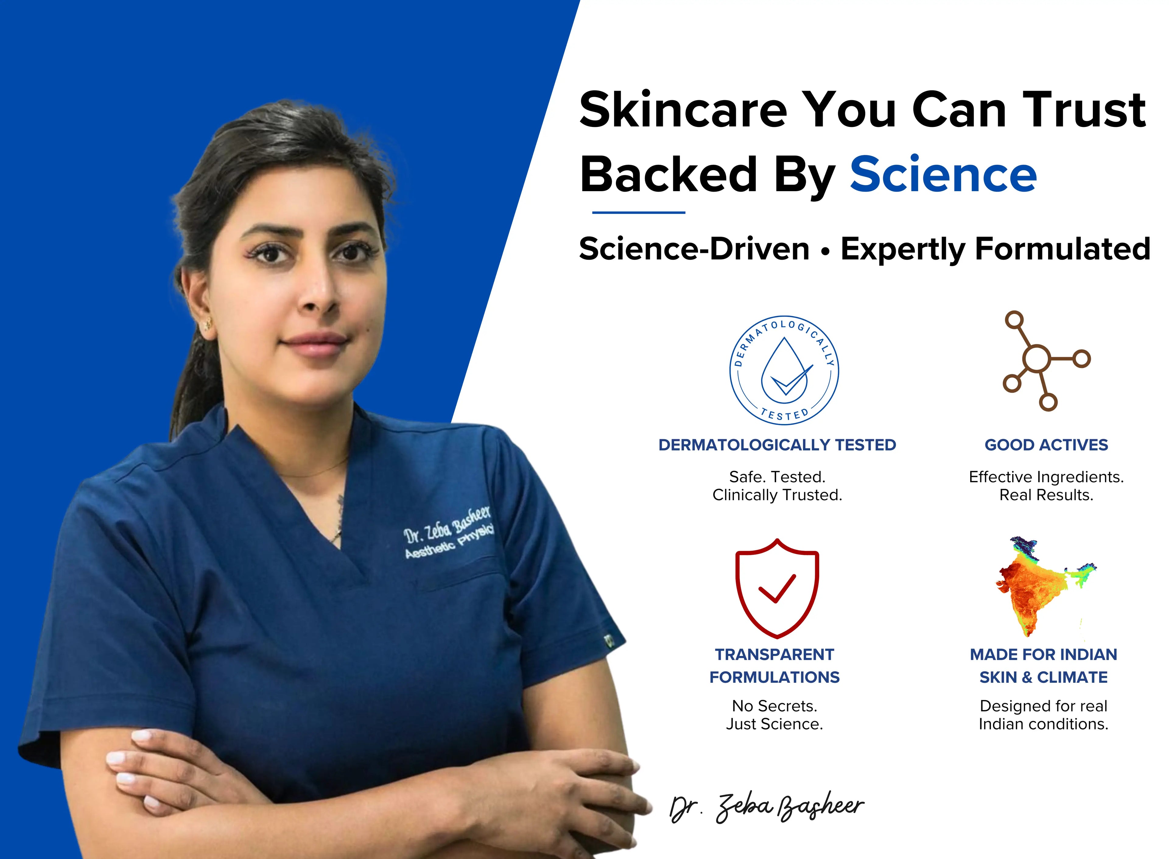 Qtways science-backed skincare banner featuring Aesthetic Physician Dr. Zeba Basheer and highlighting effective ingredients, transparent formulations, and products designed for Indian skin and climate.