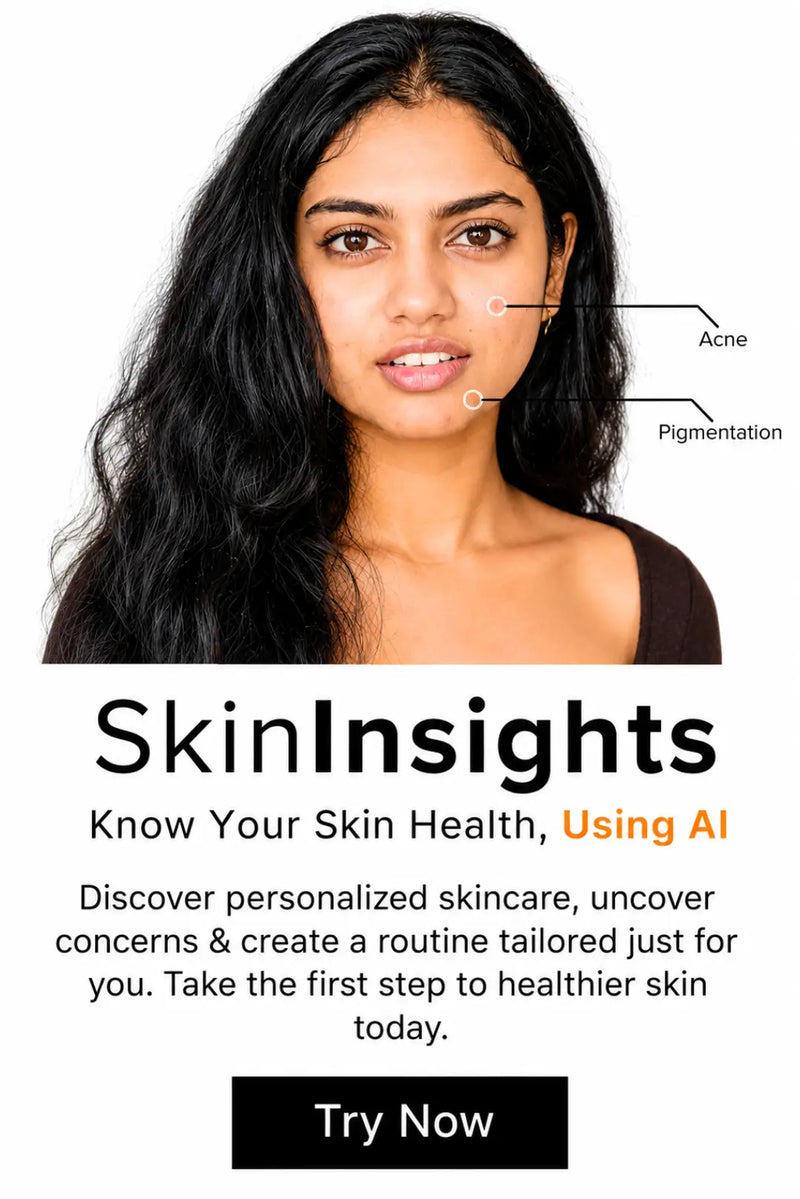 Qtways SkinInsights AI mobile banner featuring personalized skin analysis to detect acne and pigmentation concerns and provide customized skincare recommendations for healthier skin.