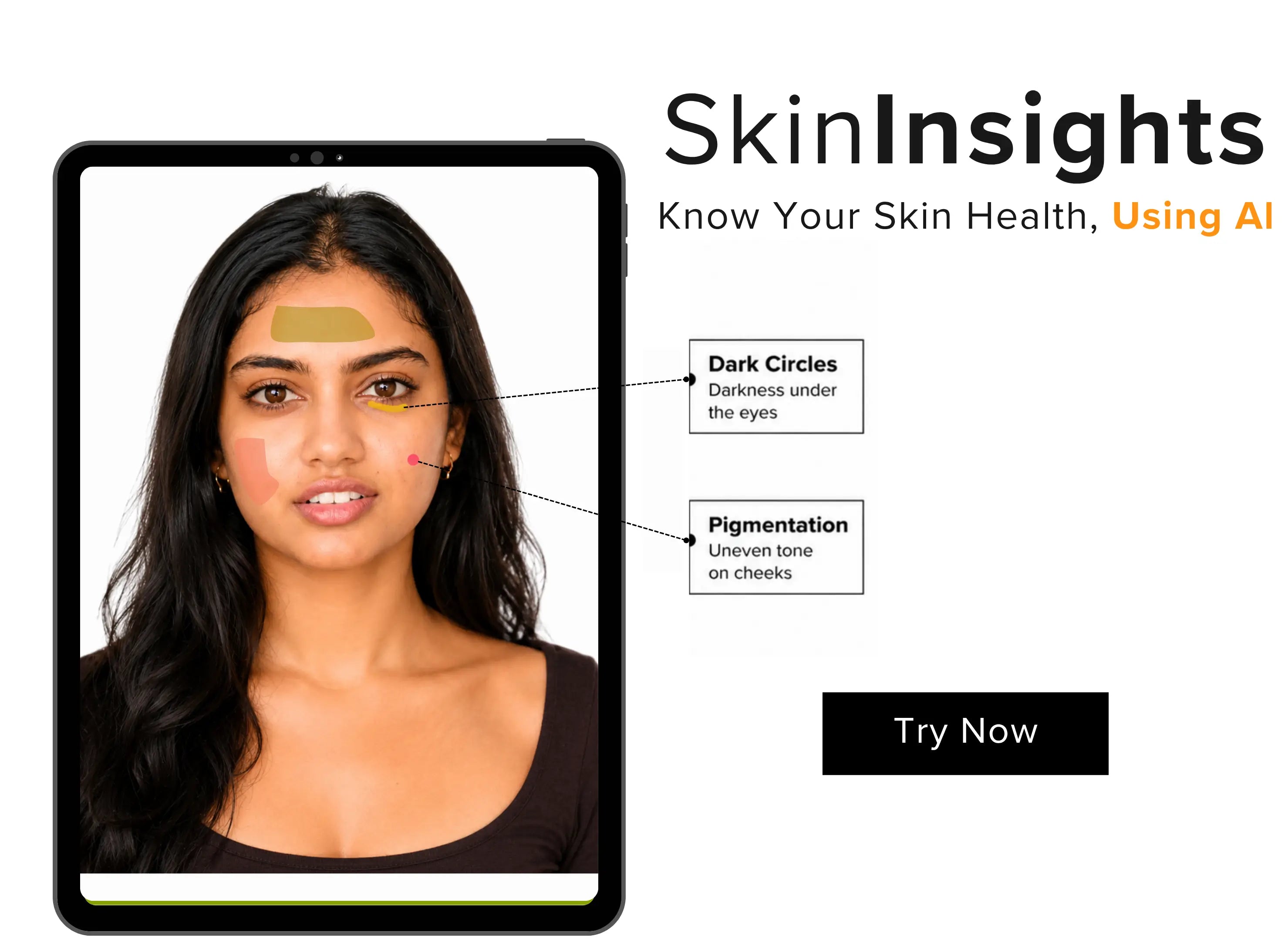 Qtways SkinInsights AI skin analysis tool banner showing facial assessment for dark circles and pigmentation using artificial intelligence to understand skin health.