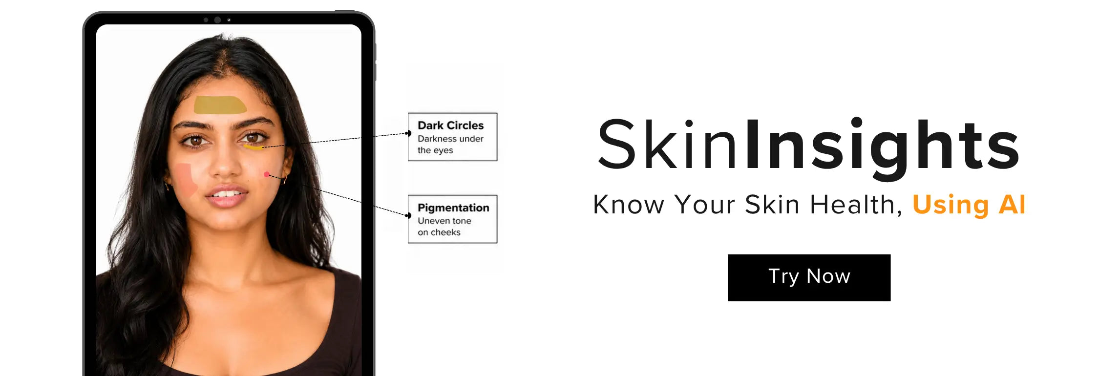 Hero banner for Qtways SkinInsights AI skin analysis tool showing facial skin assessment for dark circles and pigmentation, helping users understand their skin health with AI-powered skincare insights.