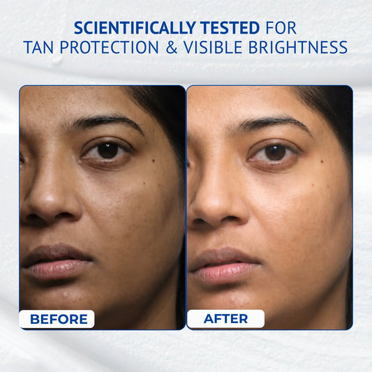 "Before and after results showing improved skin brightness and tan protection after using QTWAYS Ceramide + Hyaluronic Acid Sunscreen SPF 50 PA+++ with clinically tested formula."