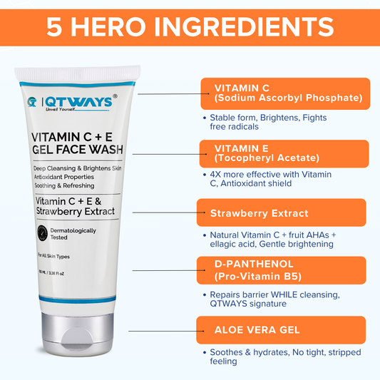 QTWAYS Vitamin C and E Gel Face Wash with vitamin C vitamin E strawberry extract D panthenol and aloe vera for brightening hydration and gentle deep cleansing