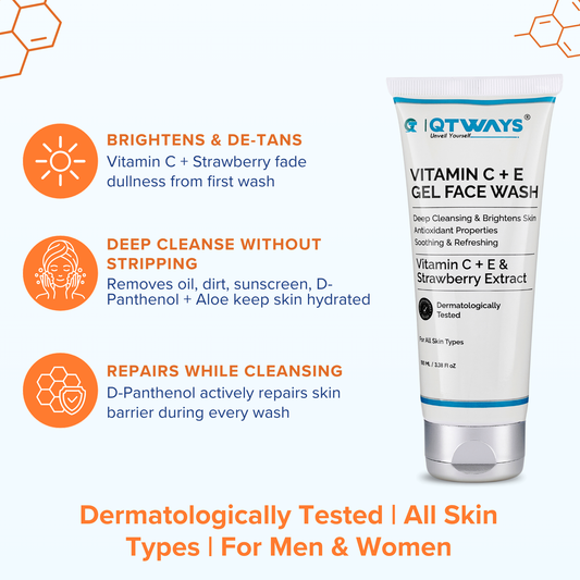 QTWAYS Vitamin C and E Gel Face Wash for deep cleansing tan removal oil control skin brightening and skin barrier repair without drying the skin