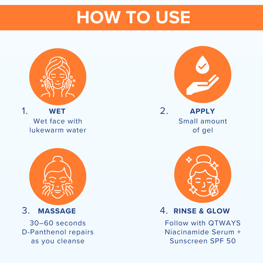 QTWAYS Vitamin C and E Gel Face Wash usage guide for deep cleansing brightening hydrated skin and daily glow enhancing skincare routine