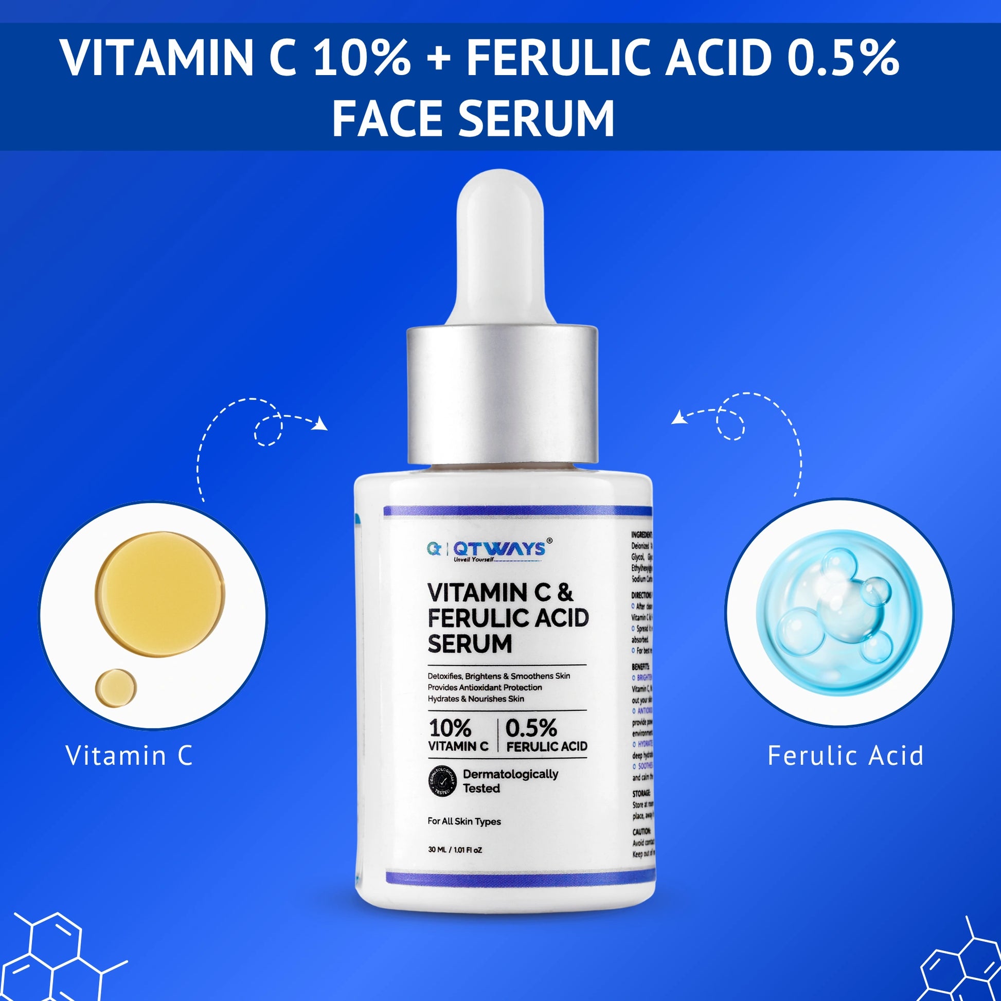 Qtways Vitamin C and Ferulic Acid Face Serum featuring 10% Vitamin C and 0.5% Ferulic Acid, highlighting antioxidant protection, brighter skin and support for reducing dark spots and signs of aging.