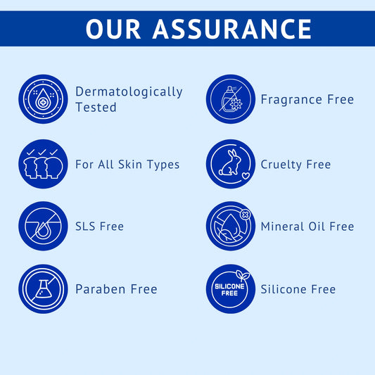 Brand assurance infographic titled Our Assurance for QTWAYS Niacinamide + Kojic Acid & Vitamin B5 Face Serum in India, displaying badges for Dermatologically Tested, Fragrance Free, For All Skin Types, Cruelty Free, SLS Free, Mineral Oil Free, Paraben Free, and Silicone Free.