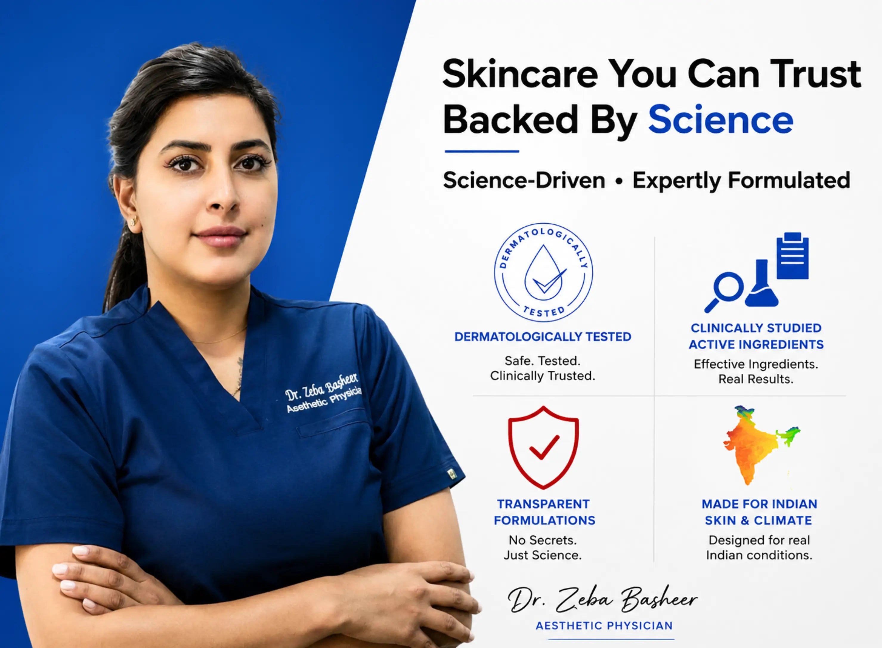  Qtways science-backed skincare banner featuring Aesthetic Physician Dr. Zeba Basheer and highlighting effective ingredients, transparent formulations, and products designed for Indian skin and climate.
