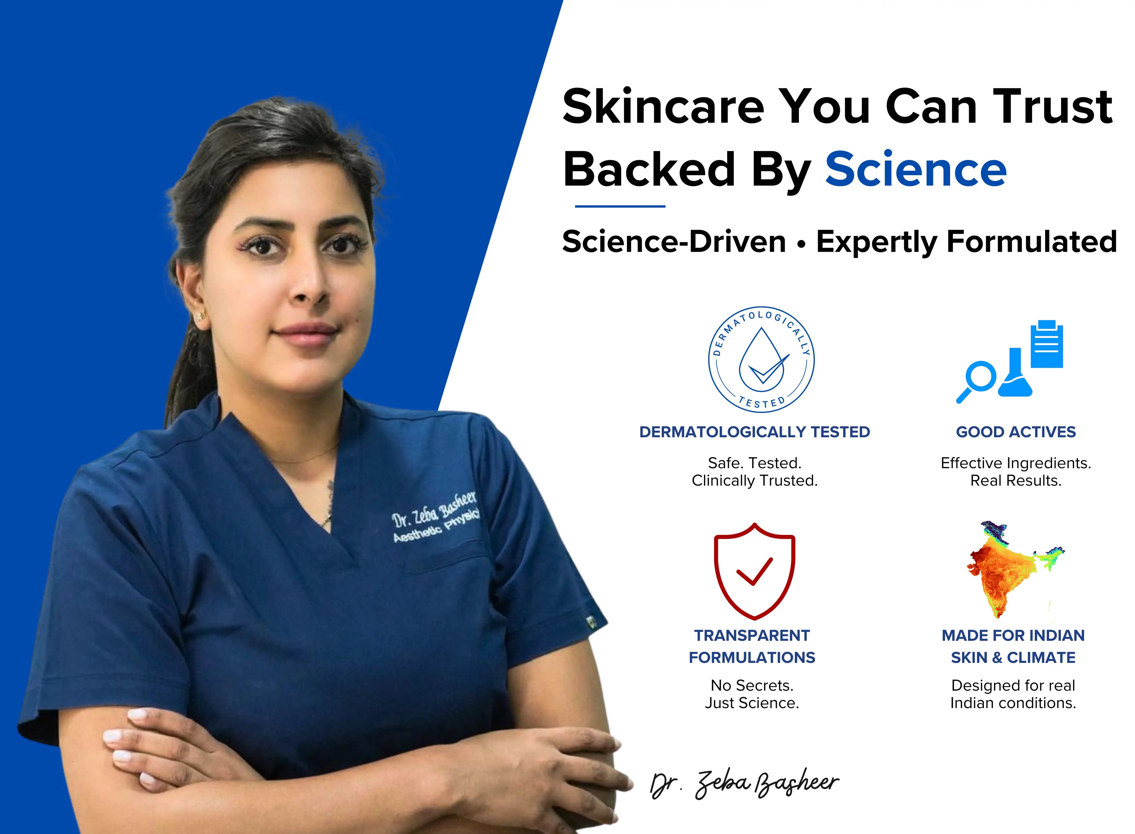  Qtways science-backed skincare banner featuring Aesthetic Physician Dr. Zeba Basheer and highlighting effective ingredients, transparent formulations, and products designed for Indian skin and climate.