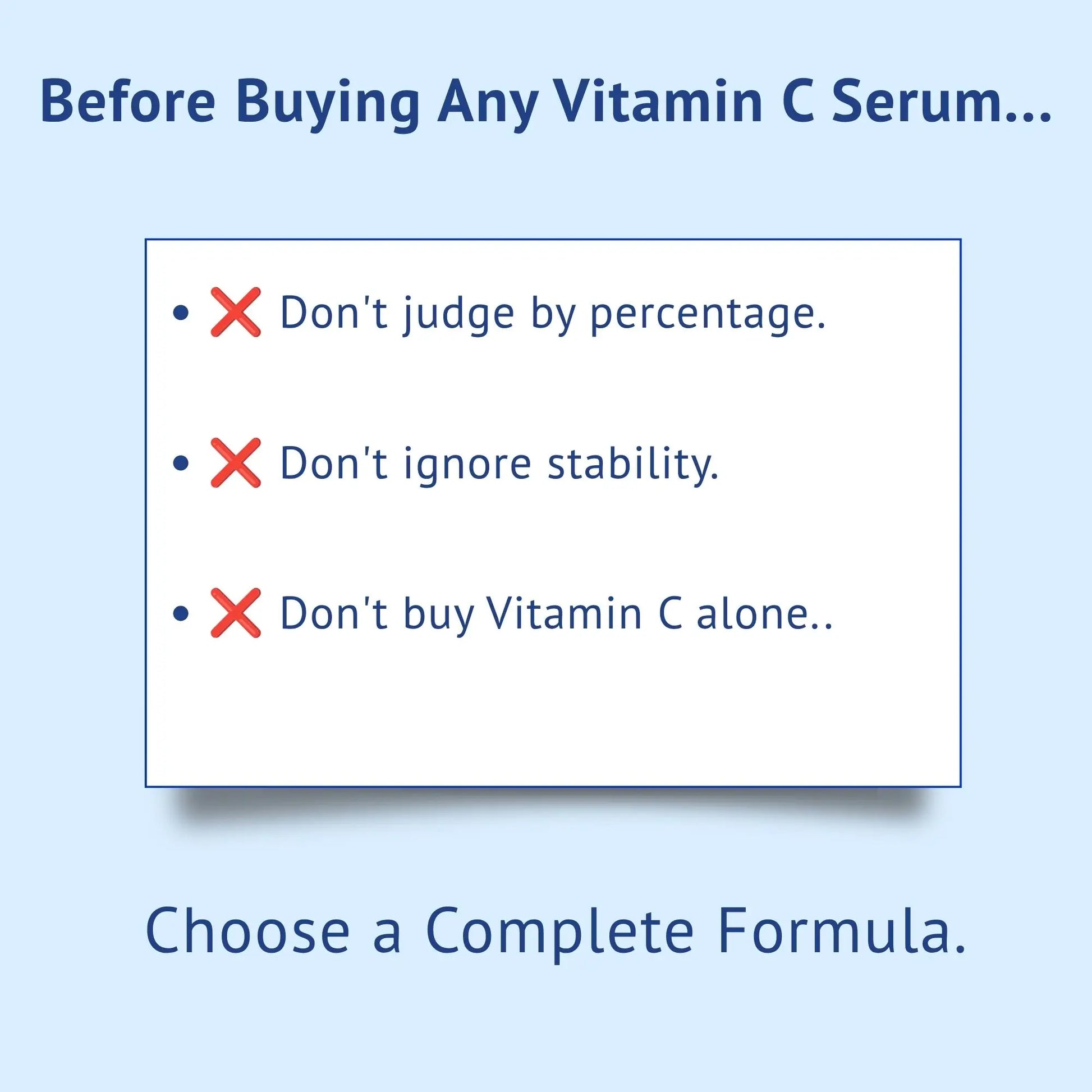 A buyer awareness infographic titled Before Buying Any Vitamin C Serum, advising consumers in India with red cross marks: Don't judge by percentage, Don't ignore stability, and Don't buy Vitamin C alone, concluding with the recommendation Choose a Complete Formula by QTWAYS.