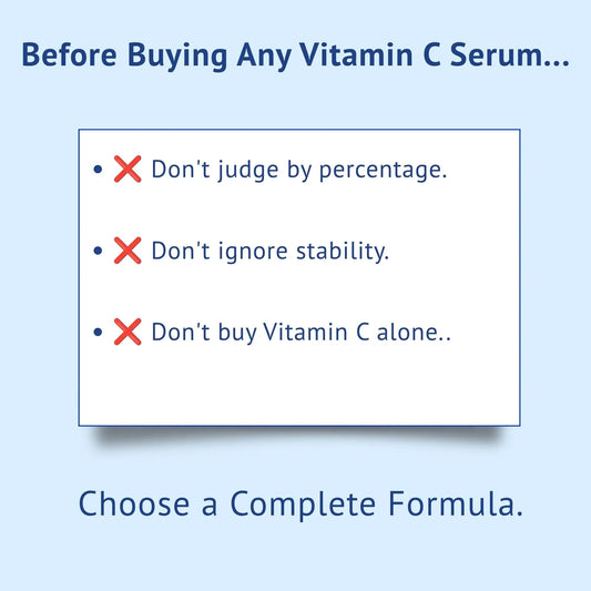 A buyer awareness infographic titled Before Buying Any Vitamin C Serum, advising consumers in India with red cross marks: Don't judge by percentage, Don't ignore stability, and Don't buy Vitamin C alone, concluding with the recommendation Choose a Complete Formula by QTWAYS.