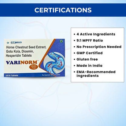 Varinorm vein care tablets with Diosmin, Hesperidin and GMP certified ingredients for vein health support