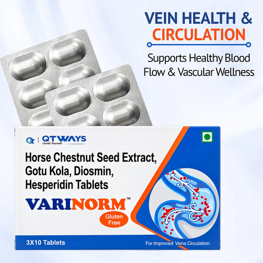 Varinorm vein care tablets supporting healthy blood circulation, vascular wellness and vein health management