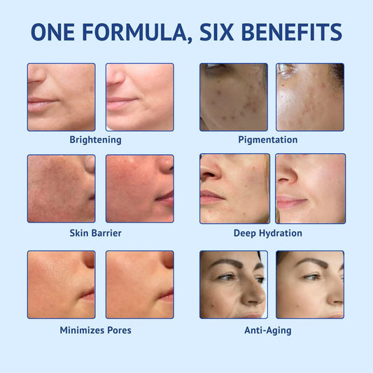 A product infographic titled One Formula, Six Benefits showcasing QTWAYS Vitamin C & Ferulic Acid Serum in India, featuring side-by-side before and after closeups for Brightening, Pigmentation, Skin Barrier, Deep Hydration, Minimizes Pores, and Anti-Aging.