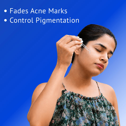 Woman applying QTWAYS 10% Niacinamide + 1% Kojic Acid + Vitamin B5 Face Serum with a dropper to help fade acne marks, control pigmentation, and improve overall skin clarity.